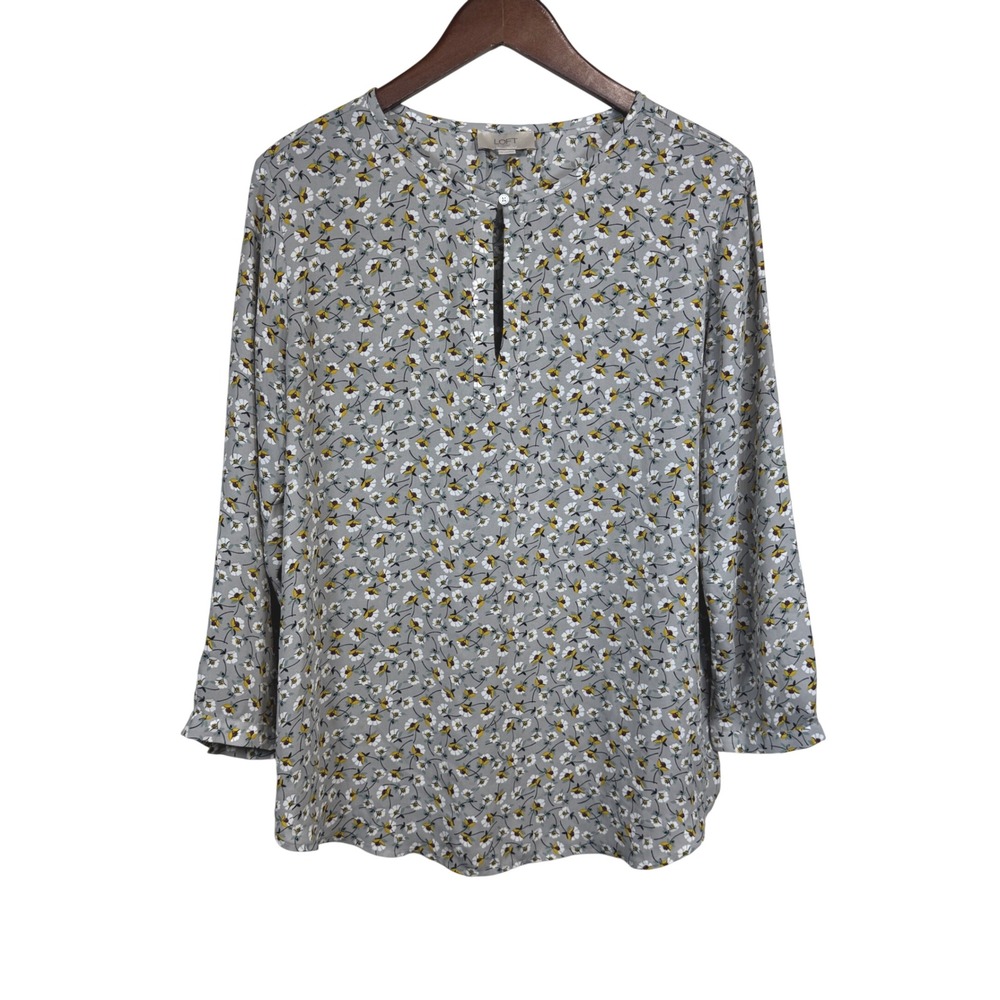 Loft Outlet Womens Grey Floral Split Neck Blouse Medium Long Sleeve